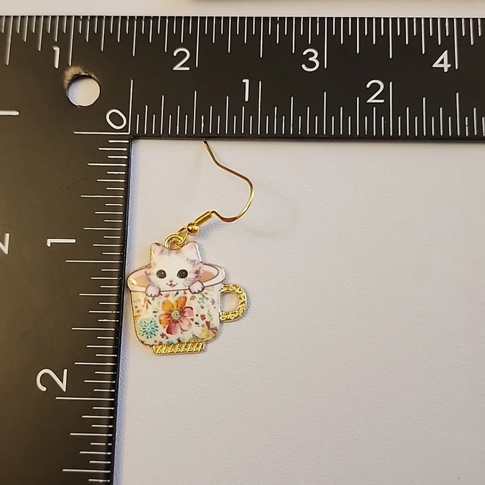 BOHO Coffee Cup Cat Earrings Just Stunning ADORABLE EO - Picture 3 of 4